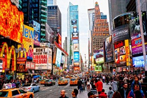 Times Square, featured with Broadway Theaters and animated LED signs, is a symbol of New York City and the United States, March 25, 2012 in Manhattan, New York City. USA-1200